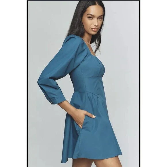 Anthropologie Long-Sleeve Square-Neck Poplin Mini Dress Sz Sm Blue NWT - Picture 3 of 9